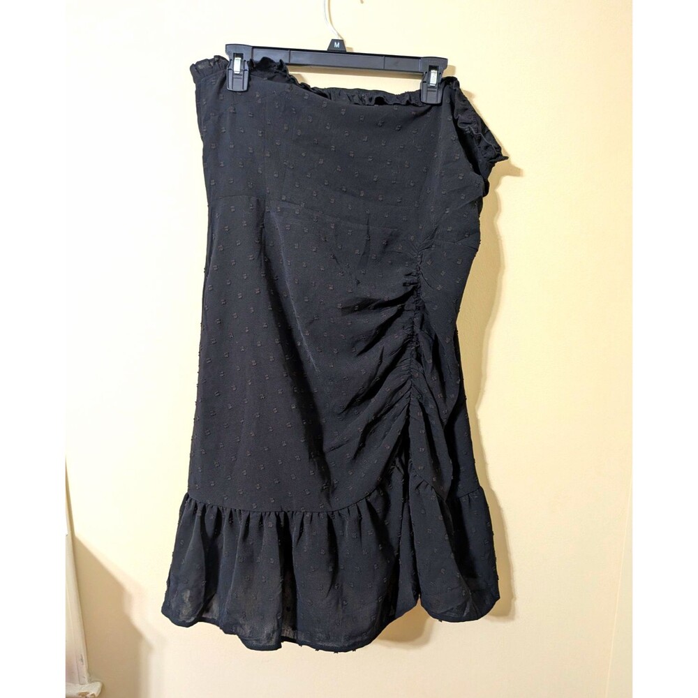 Popfeelings Black Swiss Dot Strapless Ruched Mini Dress Ruffle Trim Medium XL